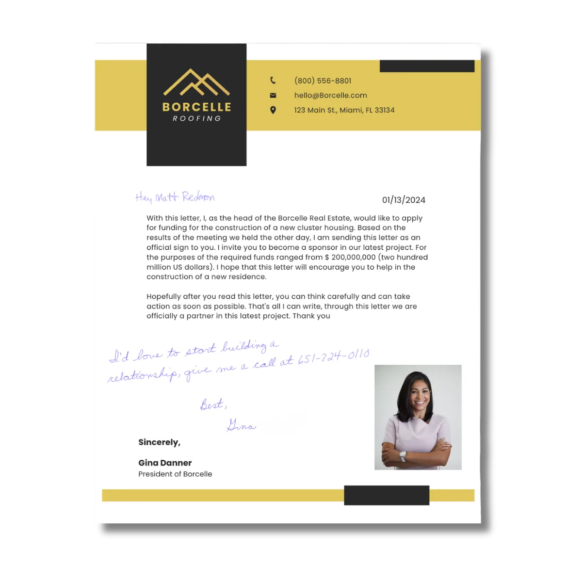 Sample handwritten envelope addressed by the Uniprod handwriting machine in real blue ink