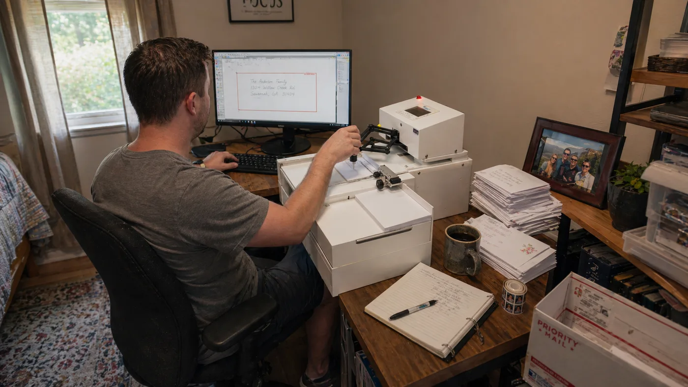Solo operator using the Uniprod handwriting machine to send handwritten direct mail at scale