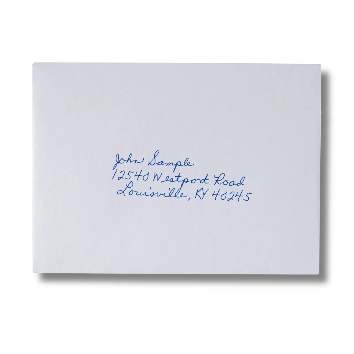 Sample handwritten envelope addressed by the Uniprod handwriting machine in real blue ink