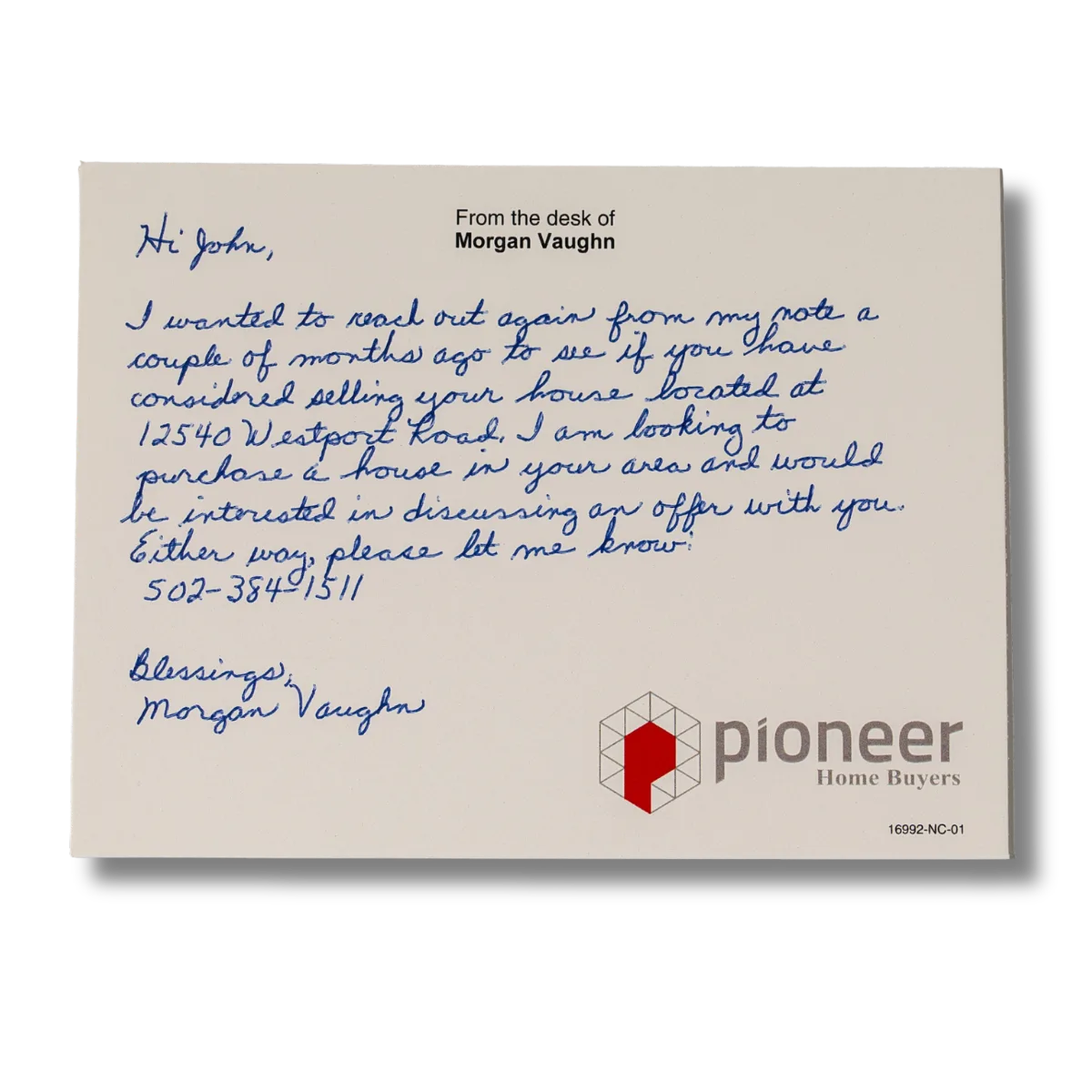 Sample handwritten envelope addressed by the Uniprod handwriting machine in real blue ink