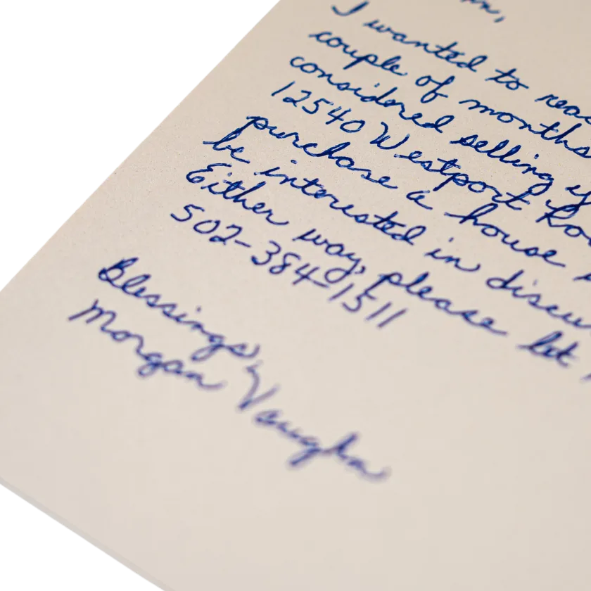 Handwritten note card addressed by the Uniprod handwriting machine in real ink