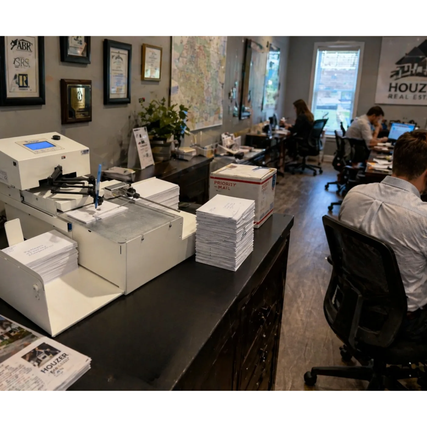 Enterprise team running multiple Uniprod handwriting machines for high-volume handwritten letters at scale